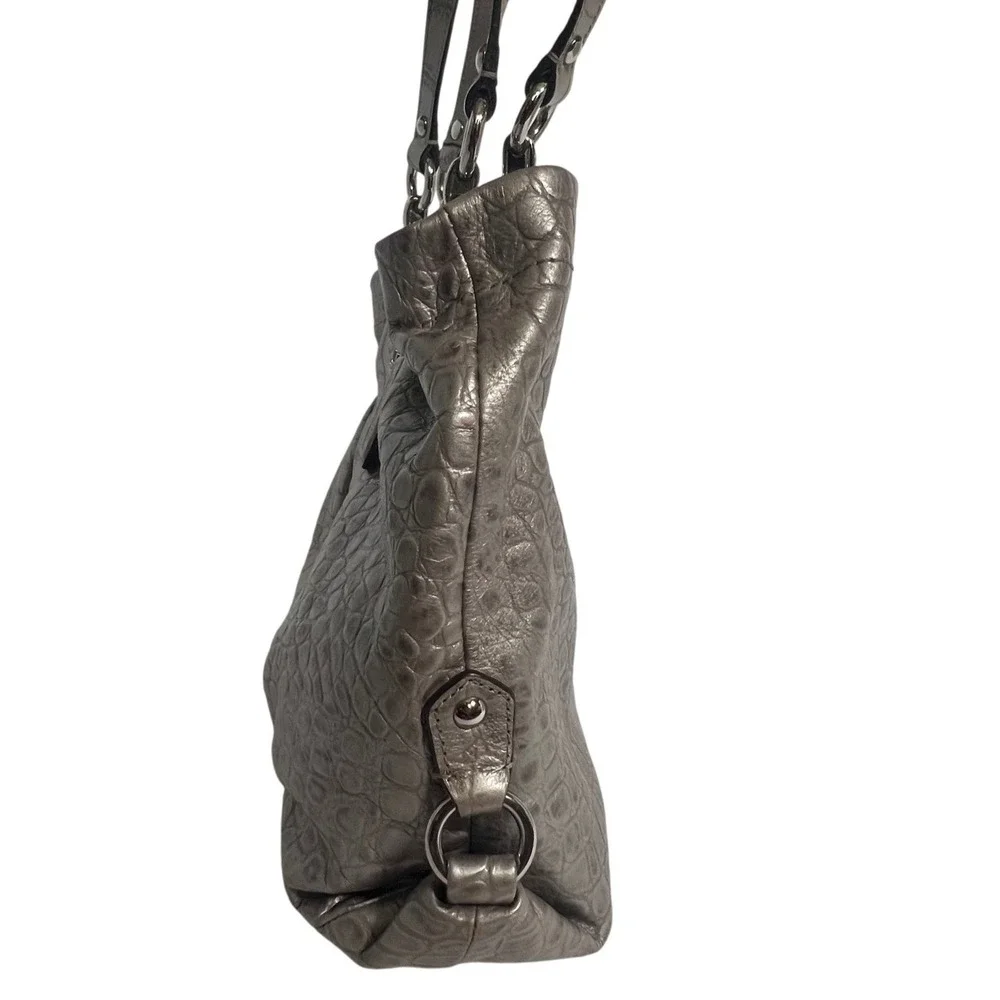 Coach Ashley Carryall Women Large Silver Metallic Croc Embossed Leather Tote Bag